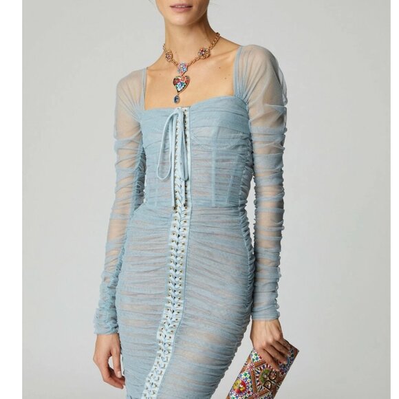 $3645 NWT Dolce & Gabbana Light Blue Tulle Sheer Lace-Up Ruched Midi Dress - Picture 12 of 13